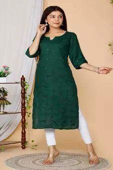 Green embroidered rayon kurtas-and-kurtis