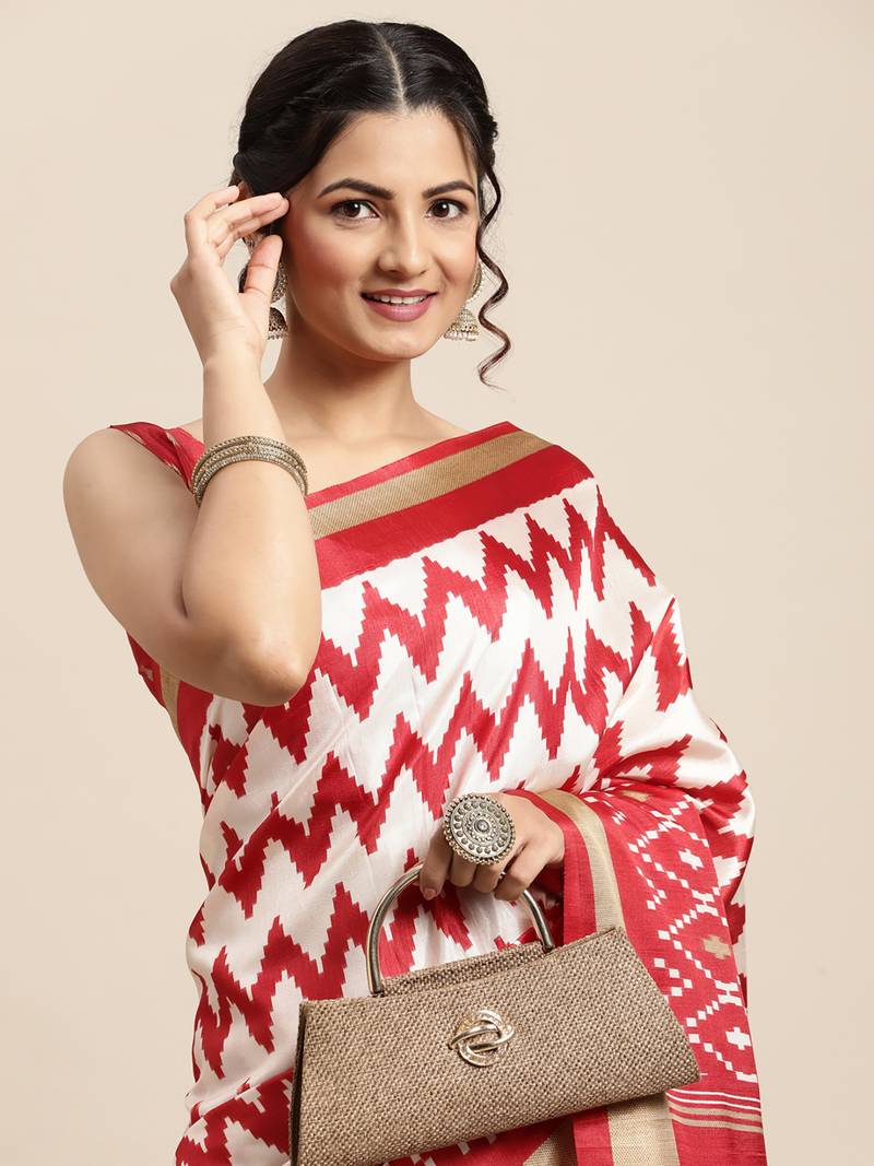 SAREE MALL Women's Dola Silk White Printed Designer Saree With Blouse Piece
