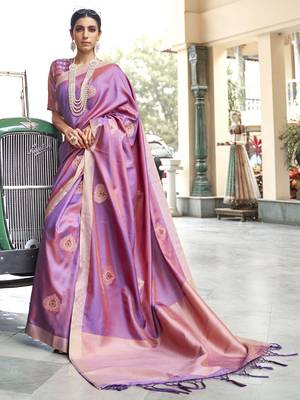 SAREE MALL Women's Silk Blend Purple Woven Design Handloom Saree With Blouse Piece 1