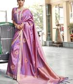 SAREE MALL Women's Silk Blend Purple Woven Design Handloom Saree With Blouse Piece