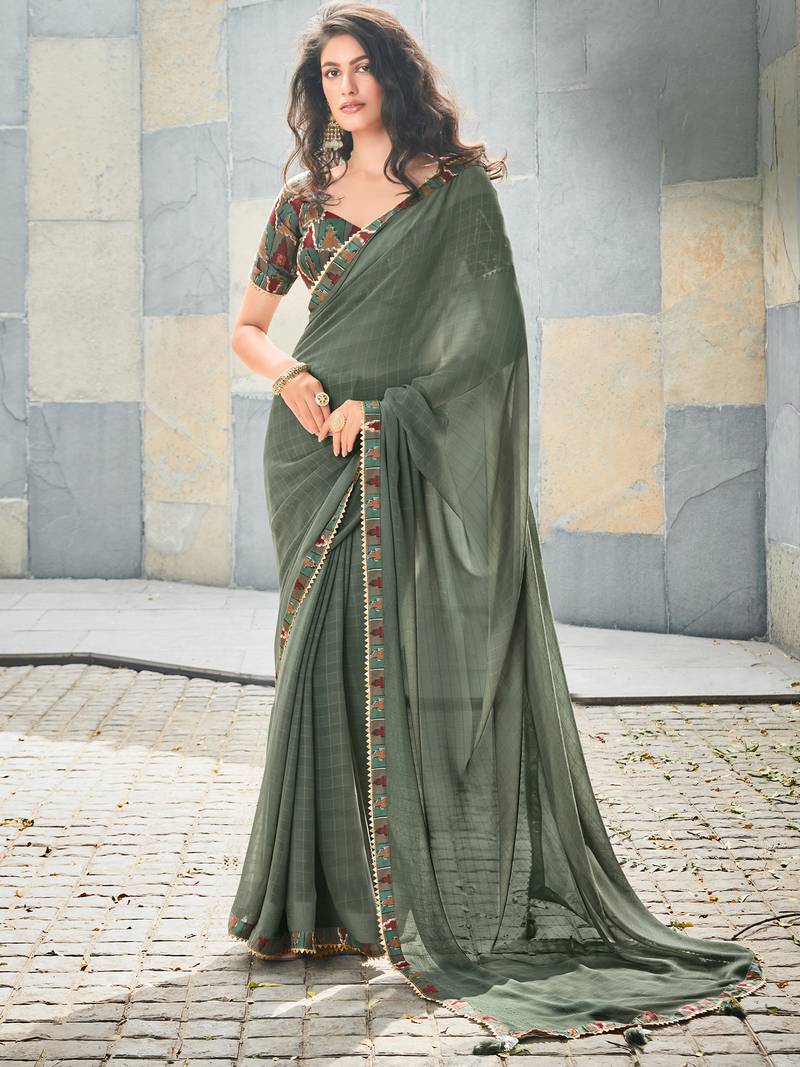 SAREE MALL Women's Georgette Grey Printed Designer Saree With Blouse Piece