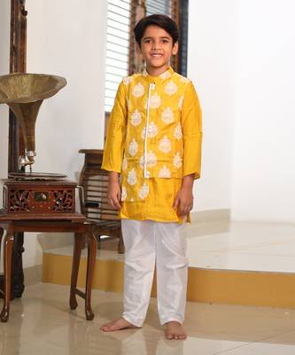White Thread Embroidered Jacket with Yellow Kurta and chudidar 1