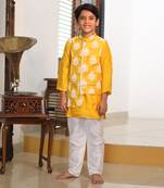 White Thread Embroidered Jacket with Yellow Kurta and chudidar