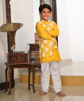 White Thread Embroidered Jacket with Yellow Kurta and chudidar 2