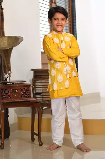White Thread Embroidered Jacket with Yellow Kurta and chudidar