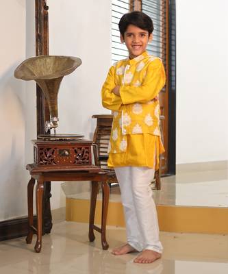 White Thread Embroidered Jacket with Yellow Kurta and chudidar 3