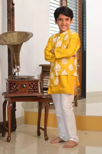 White Thread Embroidered Jacket with Yellow Kurta and chudidar