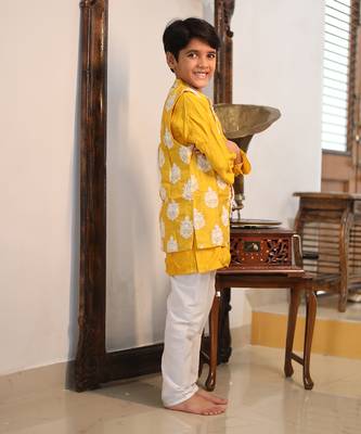 White Thread Embroidered Jacket with Yellow Kurta and chudidar 4
