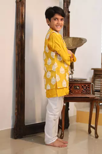 White Thread Embroidered Jacket with Yellow Kurta and chudidar
