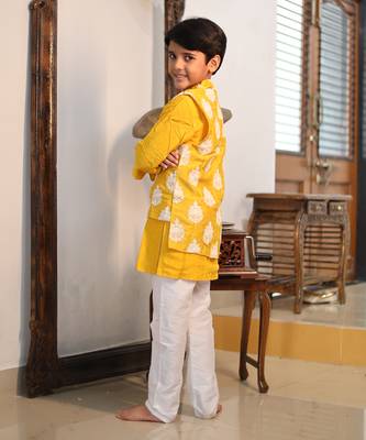 White Thread Embroidered Jacket with Yellow Kurta and chudidar 5