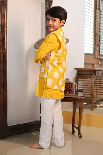 White Thread Embroidered Jacket with Yellow Kurta and chudidar