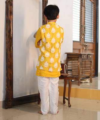 White Thread Embroidered Jacket with Yellow Kurta and chudidar 6