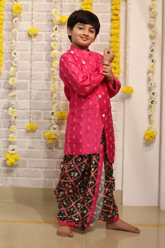 Pink Embroidered Kurta with Green Dhoti