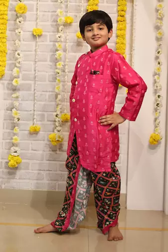Pink Embroidered Kurta with Green Dhoti