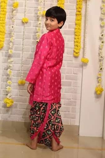 Pink Embroidered Kurta with Green Dhoti