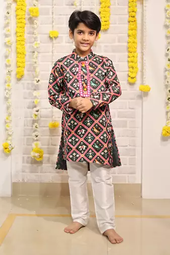 Dark Green Patola Print Kurta with ablawork collar