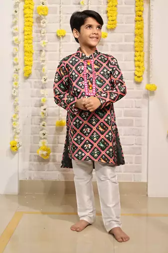 Dark Green Patola Print Kurta with ablawork collar