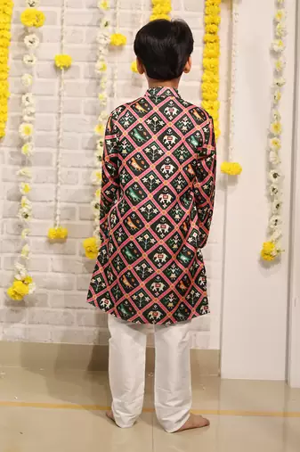 Dark Green Patola Print Kurta with ablawork collar