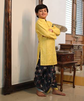 Yellow Embroidery Kurta with Printed Dhoti 2