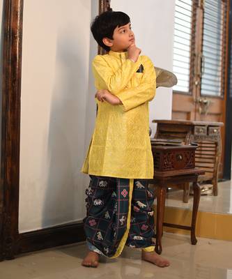 Yellow Embroidery Kurta with Printed Dhoti 3