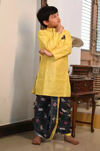 Yellow Embroidery Kurta with Printed Dhoti