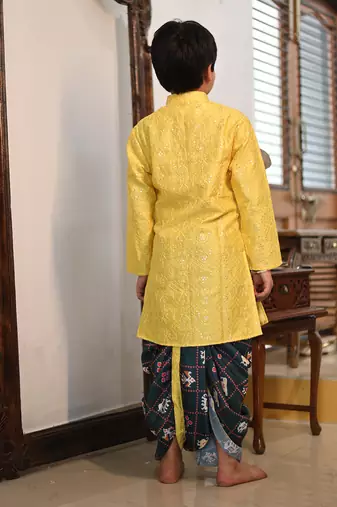 Yellow Embroidery Kurta with Printed Dhoti
