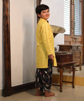 Yellow Embroidery Kurta with Printed Dhoti 6