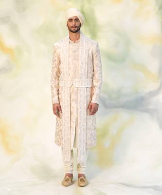 Ivory Beige Floral Embroidered Silk Sherwani Set 1