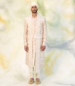 Ivory Beige Floral Embroidered Silk Sherwani Set