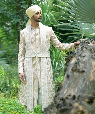 Ivory Beige Floral Embroidered Silk Sherwani Set 2
