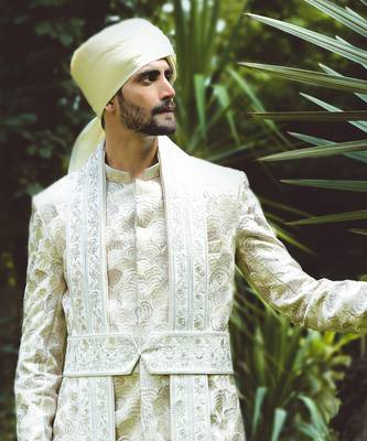Ivory Beige Floral Embroidered Silk Sherwani Set 3