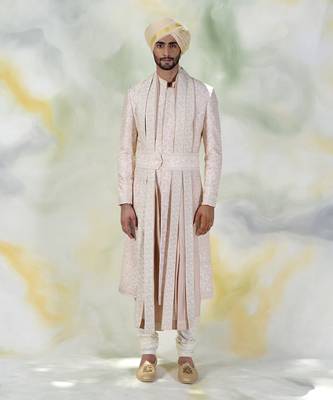 Light Pink Floral Embroidered Silk Sherwani Set 1