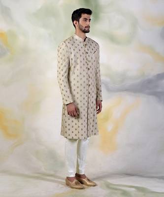 Cream Pintuck Zardozi Embroidered Sherwani Set 2