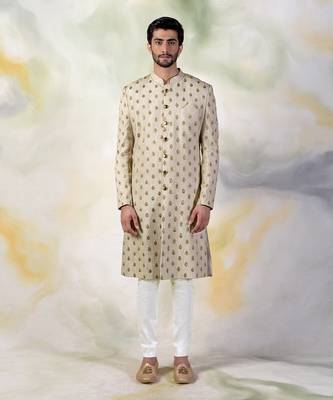Cream Pintuck Zardozi Embroidered Sherwani Set 1