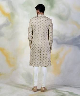 Cream Pintuck Zardozi Embroidered Sherwani Set 3