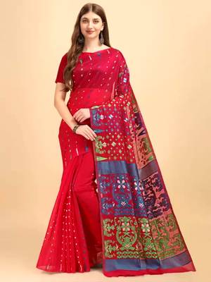 Pink Woven Cotton Silk Saree Without Blouse 1