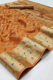 Orange Woven Organza Saree With Blouse