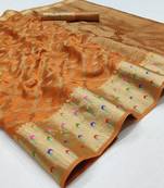 Orange Woven Organza Saree With Blouse