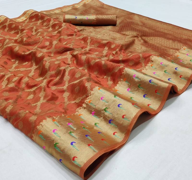 Red woven organza saree with blouse