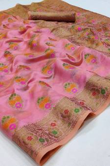 Pink woven organza saree with blouse
