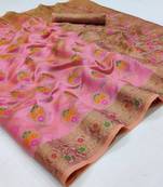 Pink woven organza saree with blouse