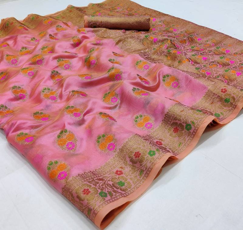 Pink woven organza saree with blouse