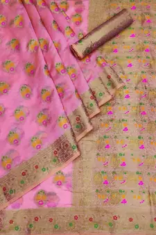 Pink woven organza saree with blouse