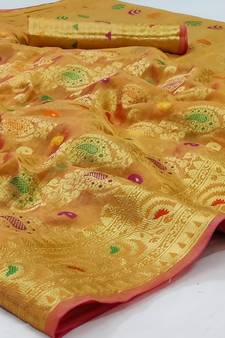 Orange Woven Organza Saree With Blouse