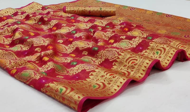 Wine woven organza saree with blouse