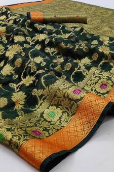 Dark Green Woven Organza Saree With Blouse