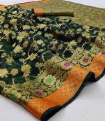 Dark Green Woven Organza Saree With Blouse