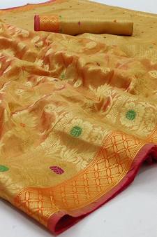 Orange Woven Organza Saree With Blouse