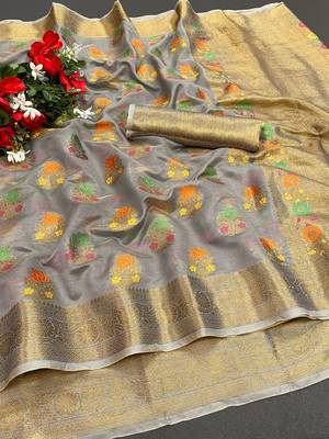 Grey Woven Organza Saree With Blouse 1