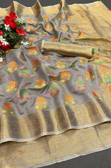 Grey Woven Organza Saree With Blouse